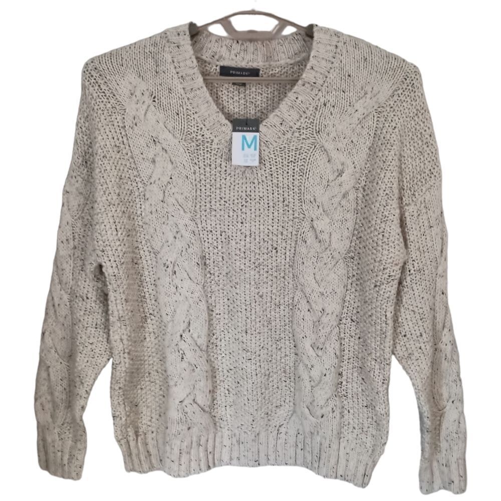 Primark Fisherman Sweater Sz M Cable Knit NEW‎ Cozy Beige Oatmeal Chunky V Neck